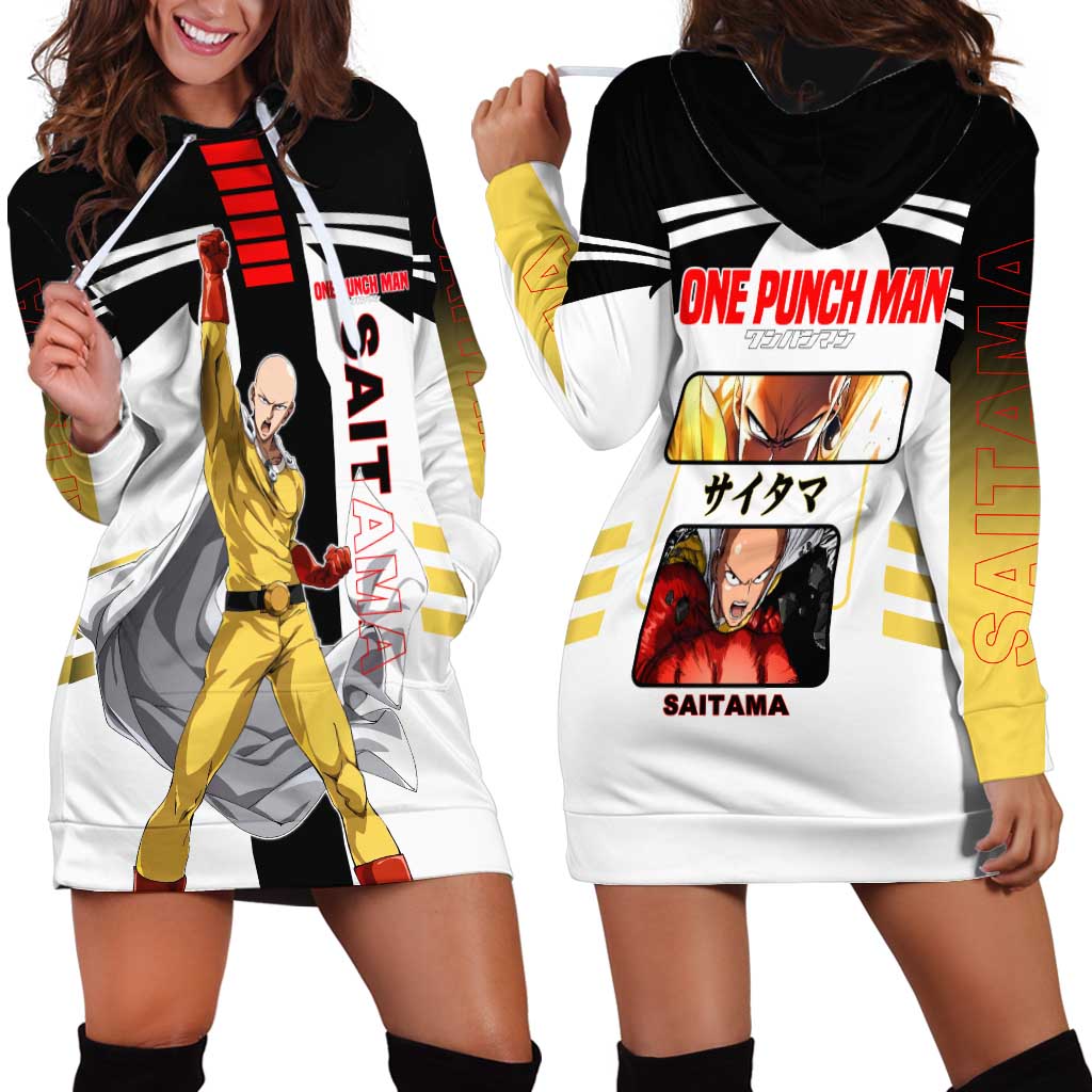 Saitama from One Punch Man Hoodie Dress with Bold Hero Pose and Minimalist Design - The Mazicc