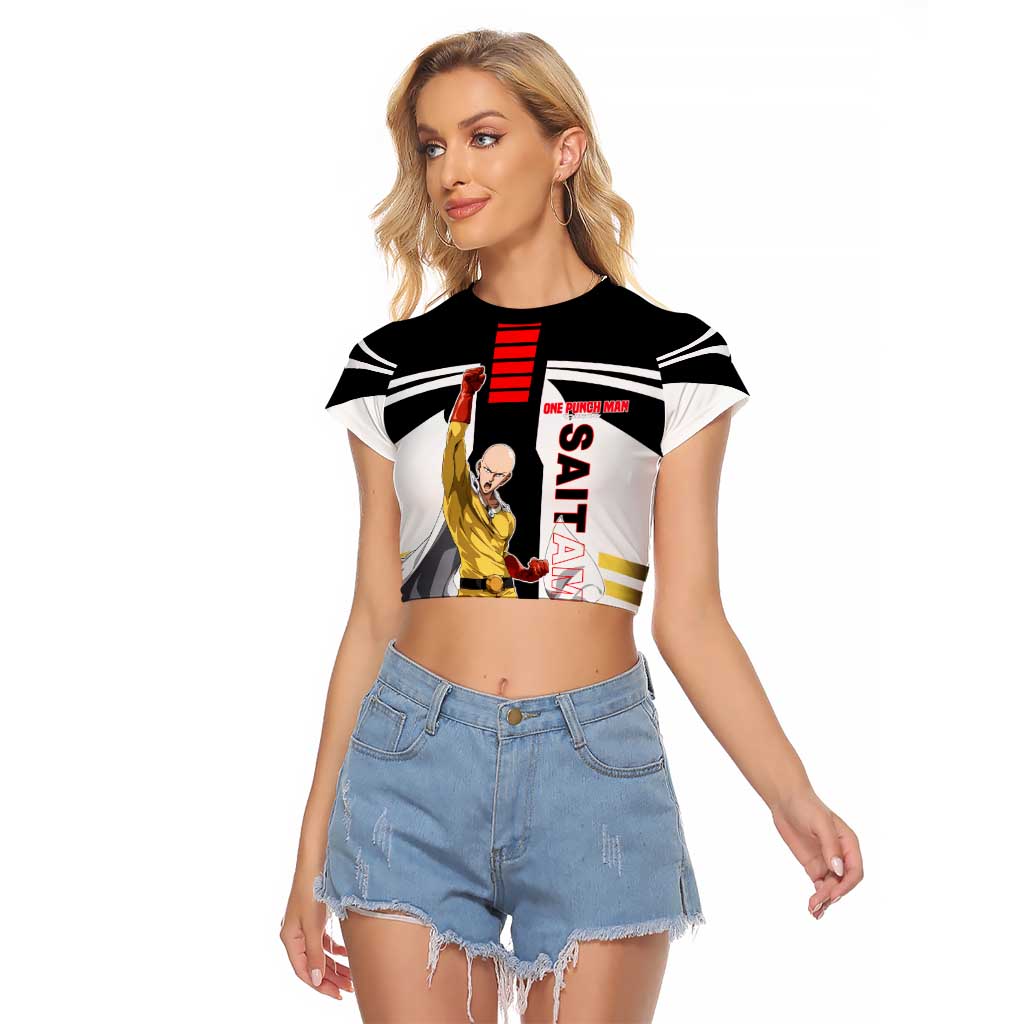 Saitama from One Punch Man Raglan Cropped T Shirt with Bold Hero Pose and Minimalist Design - The Mazicc