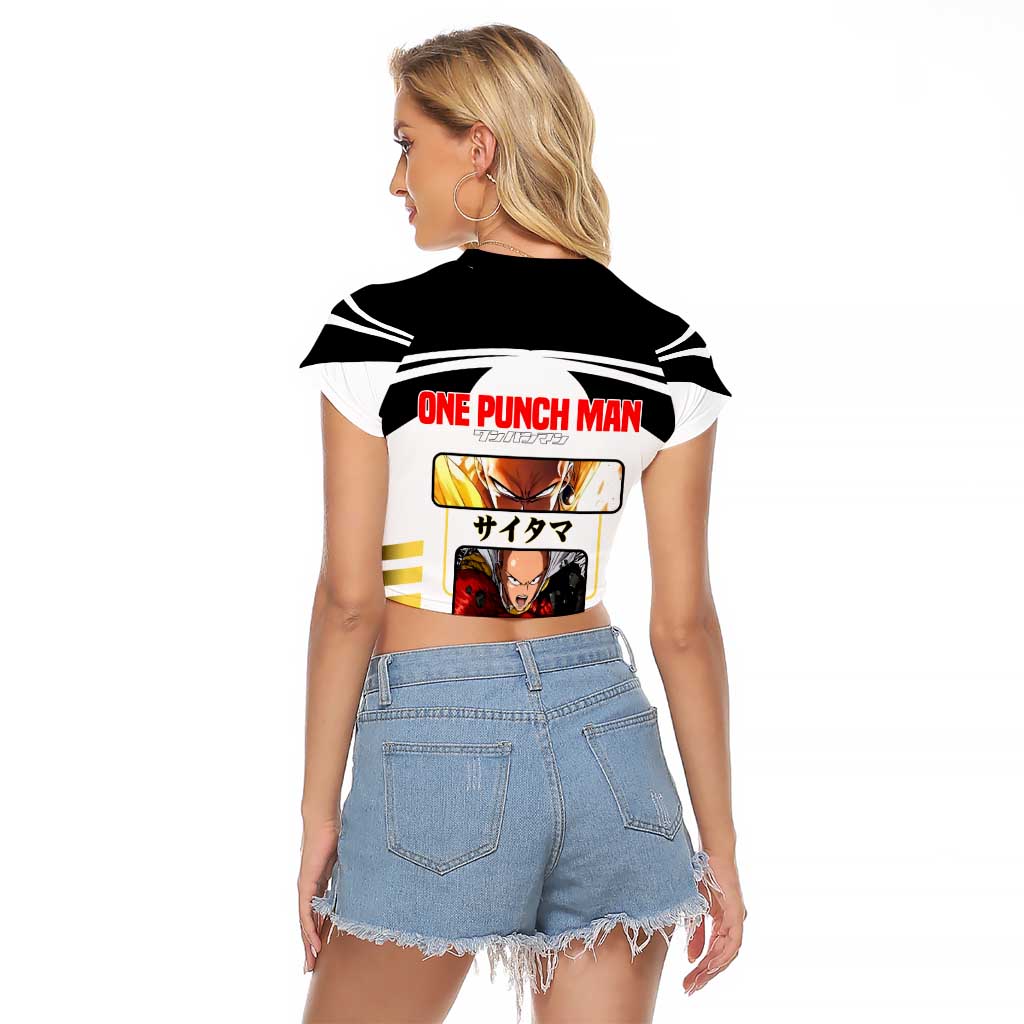 Saitama from One Punch Man Raglan Cropped T Shirt with Bold Hero Pose and Minimalist Design - The Mazicc
