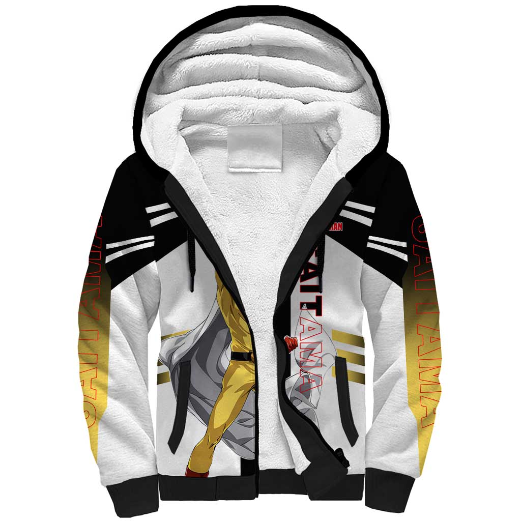 Saitama from One Punch Man Sherpa Hoodie with Bold Hero Pose and Minimalist Design - The Mazicc