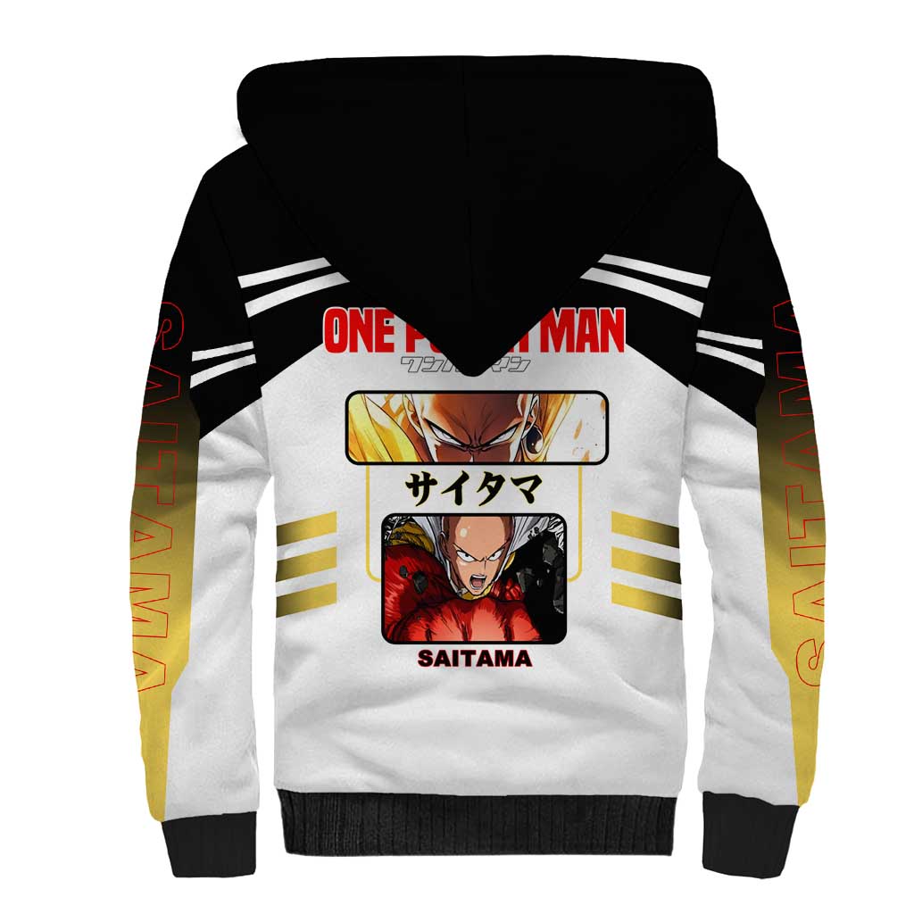 Saitama from One Punch Man Sherpa Hoodie with Bold Hero Pose and Minimalist Design - The Mazicc