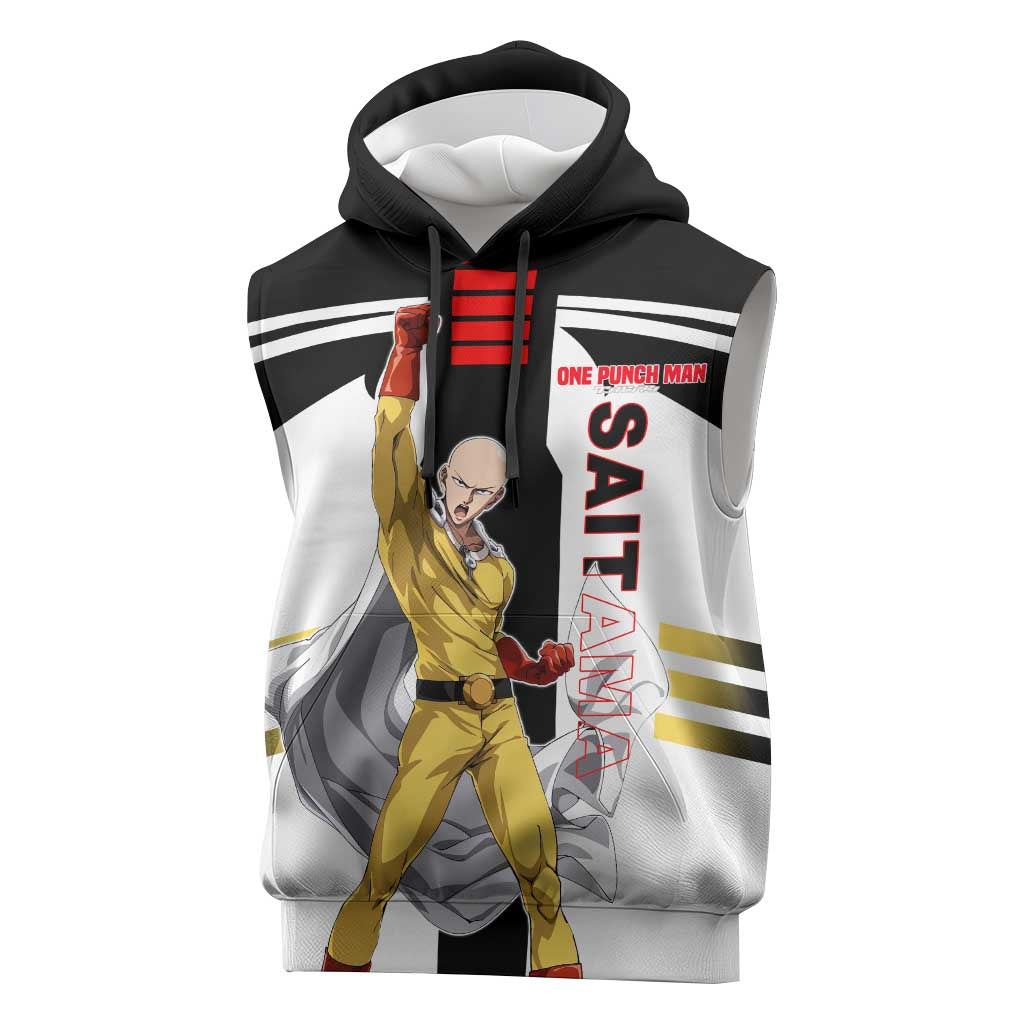 Saitama from One Punch Man Sleeveless Hoodie with Bold Hero Pose and Minimalist Design - The Mazicc