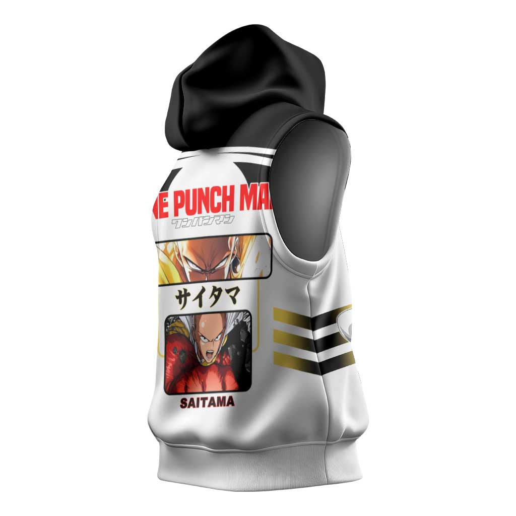 Saitama from One Punch Man Sleeveless Hoodie with Bold Hero Pose and Minimalist Design - The Mazicc