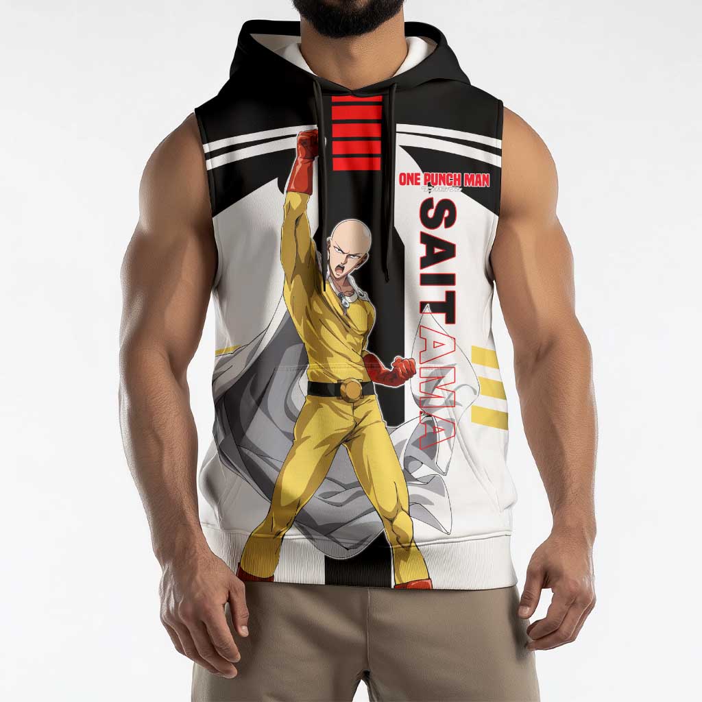 Saitama from One Punch Man Sleeveless Hoodie with Bold Hero Pose and Minimalist Design - The Mazicc