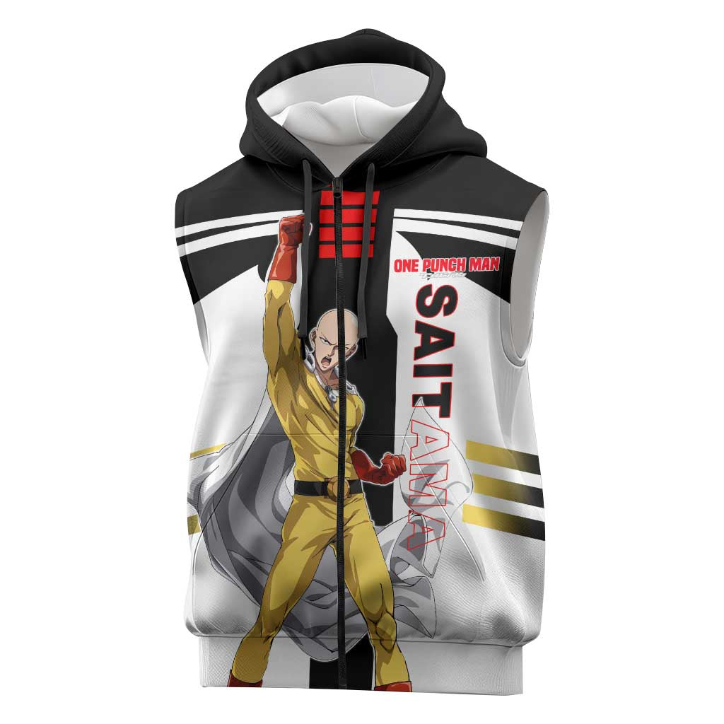 Saitama from One Punch Man Sleeveless Zip Hoodie with Bold Hero Pose and Minimalist Design - The Mazicc
