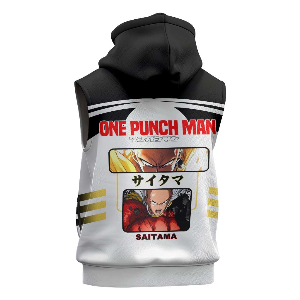Saitama from One Punch Man Sleeveless Zip Hoodie with Bold Hero Pose and Minimalist Design - The Mazicc