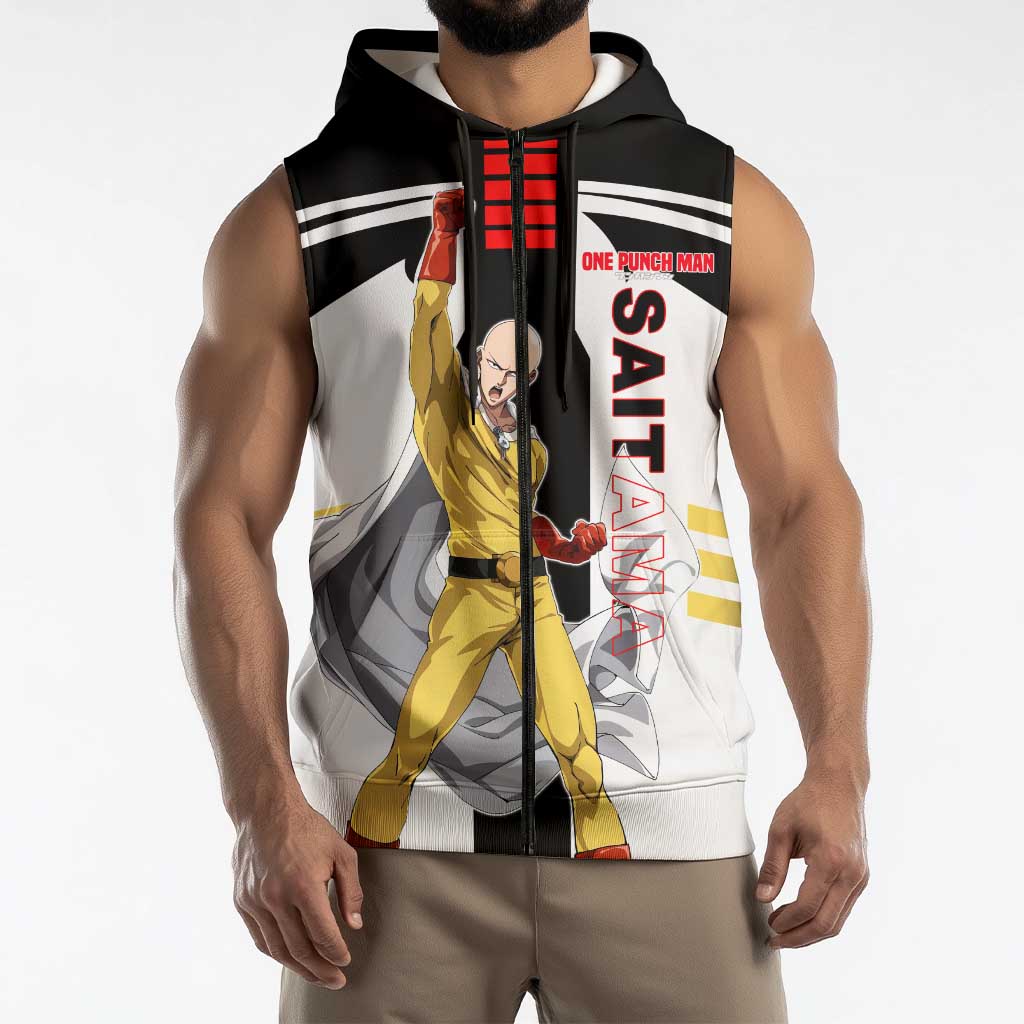 Saitama from One Punch Man Sleeveless Zip Hoodie with Bold Hero Pose and Minimalist Design - The Mazicc