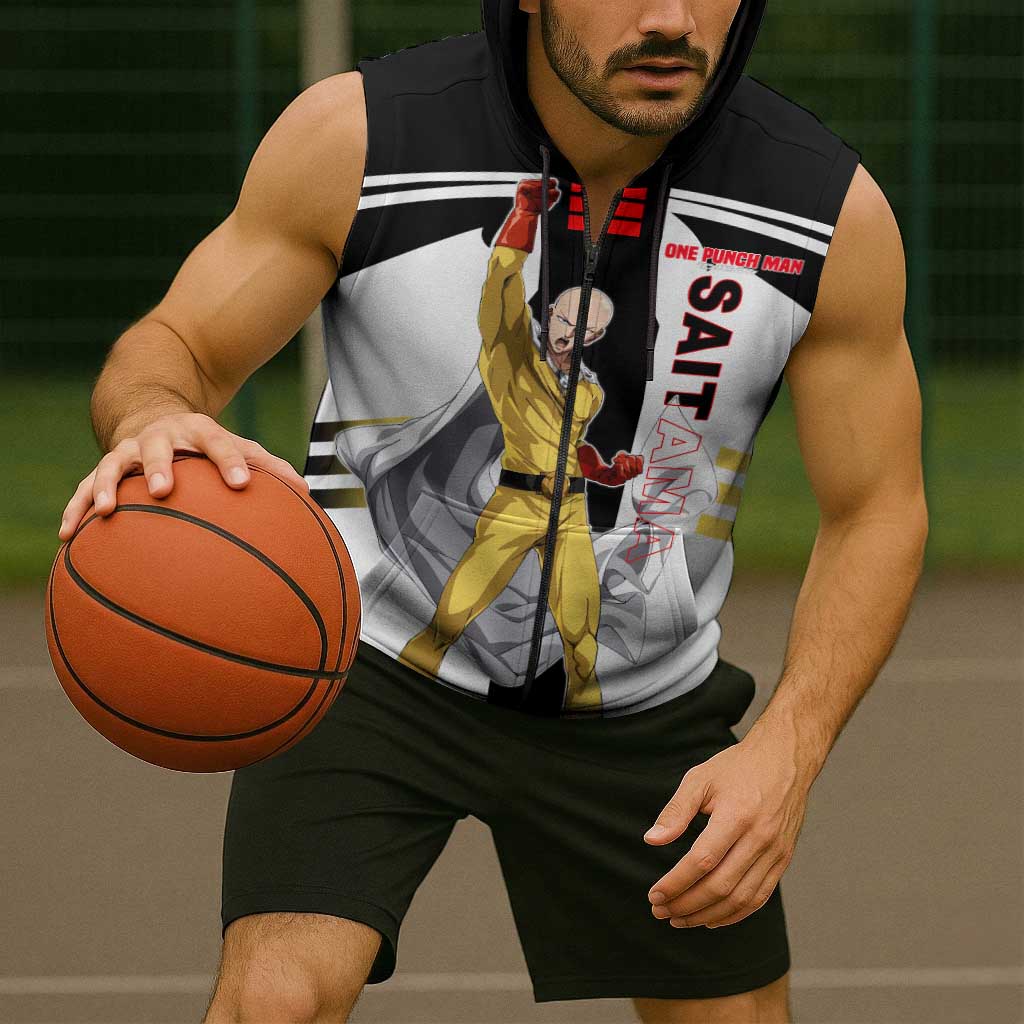 Saitama from One Punch Man Sleeveless Zip Hoodie with Bold Hero Pose and Minimalist Design - The Mazicc