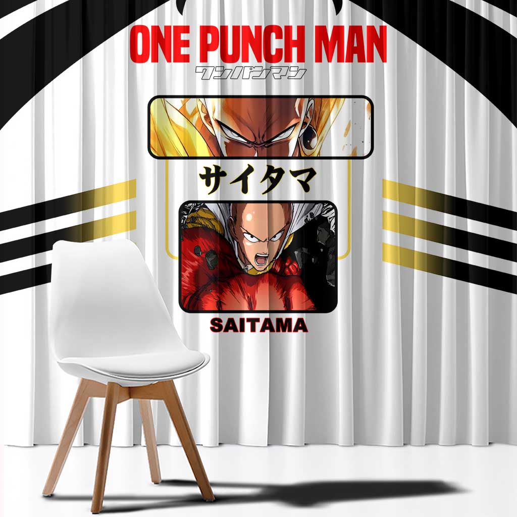 Saitama from One Punch Man Window Curtain with Bold Hero Pose and Minimalist Design - The Mazicc