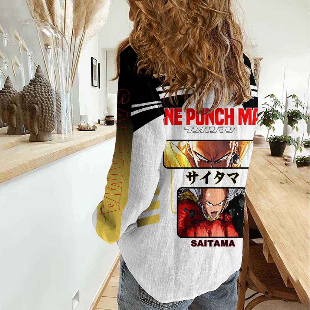 Saitama from One Punch Man Women Casual Shirt with Bold Hero Pose and Minimalist Design - The Mazicc