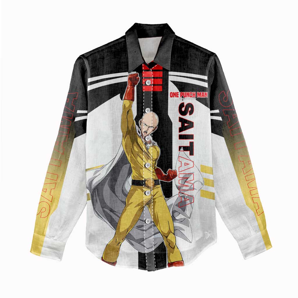 Saitama from One Punch Man Women Casual Shirt with Bold Hero Pose and Minimalist Design - The Mazicc