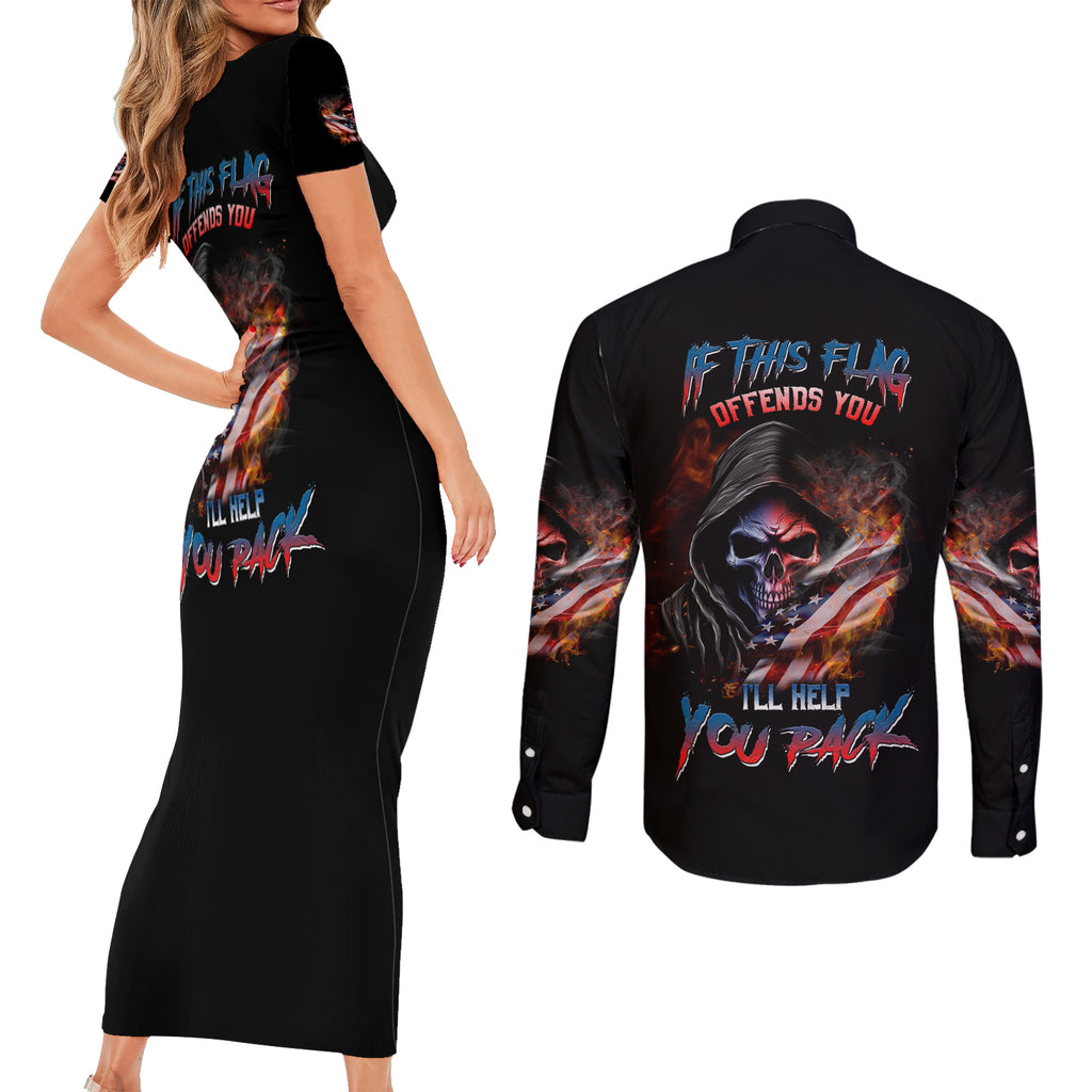 if-this-flag-offends-you-ill-help-you-pack-skull-couples-matching-short-sleeve-bodycon-dress-and-long-sleeve-button-shirt