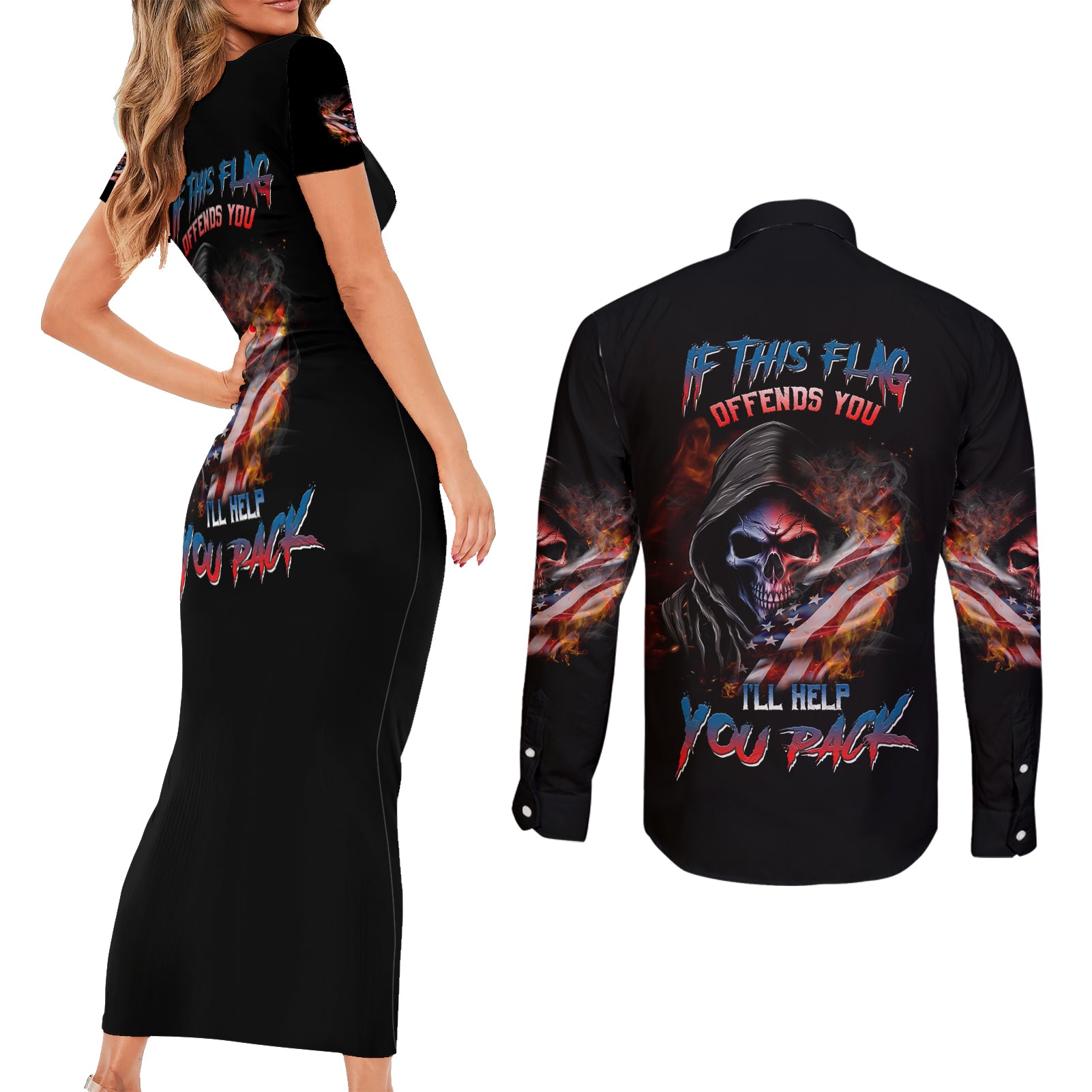 if-this-flag-offends-you-ill-help-you-pack-skull-couples-matching-short-sleeve-bodycon-dress-and-long-sleeve-button-shirt