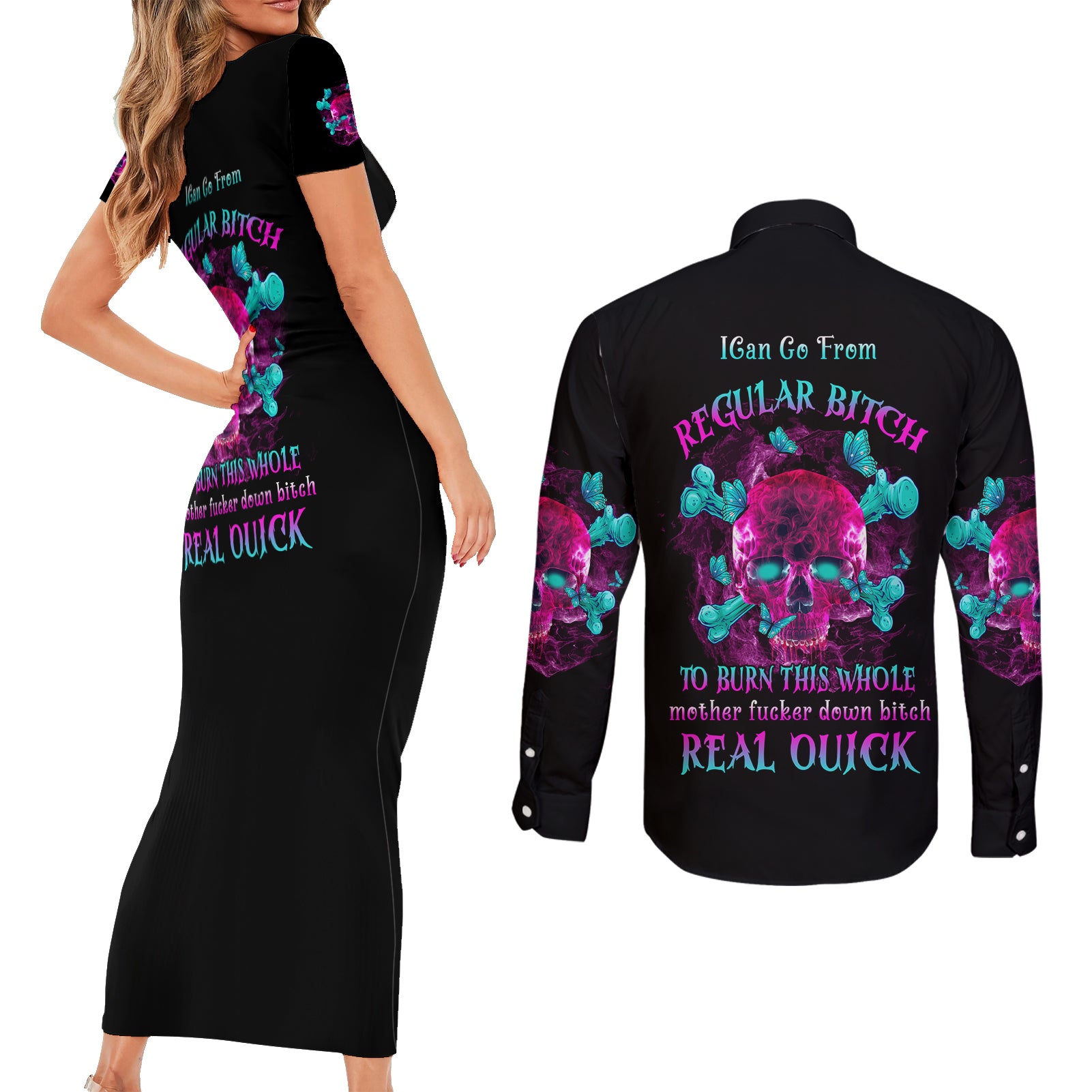 i-can-go-from-regular-b-to-burn-couples-matching-short-sleeve-bodycon-dress-and-long-sleeve-button-shirt