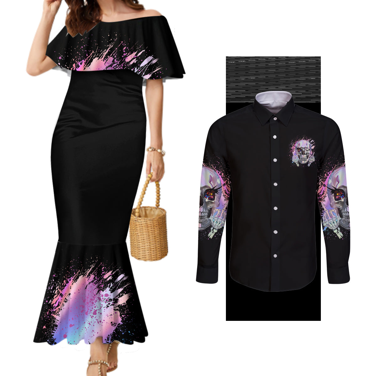 rock-paper-throat-punch-i-win-couples-matching-mermaid-dress-and-long-sleeve-button-shirt