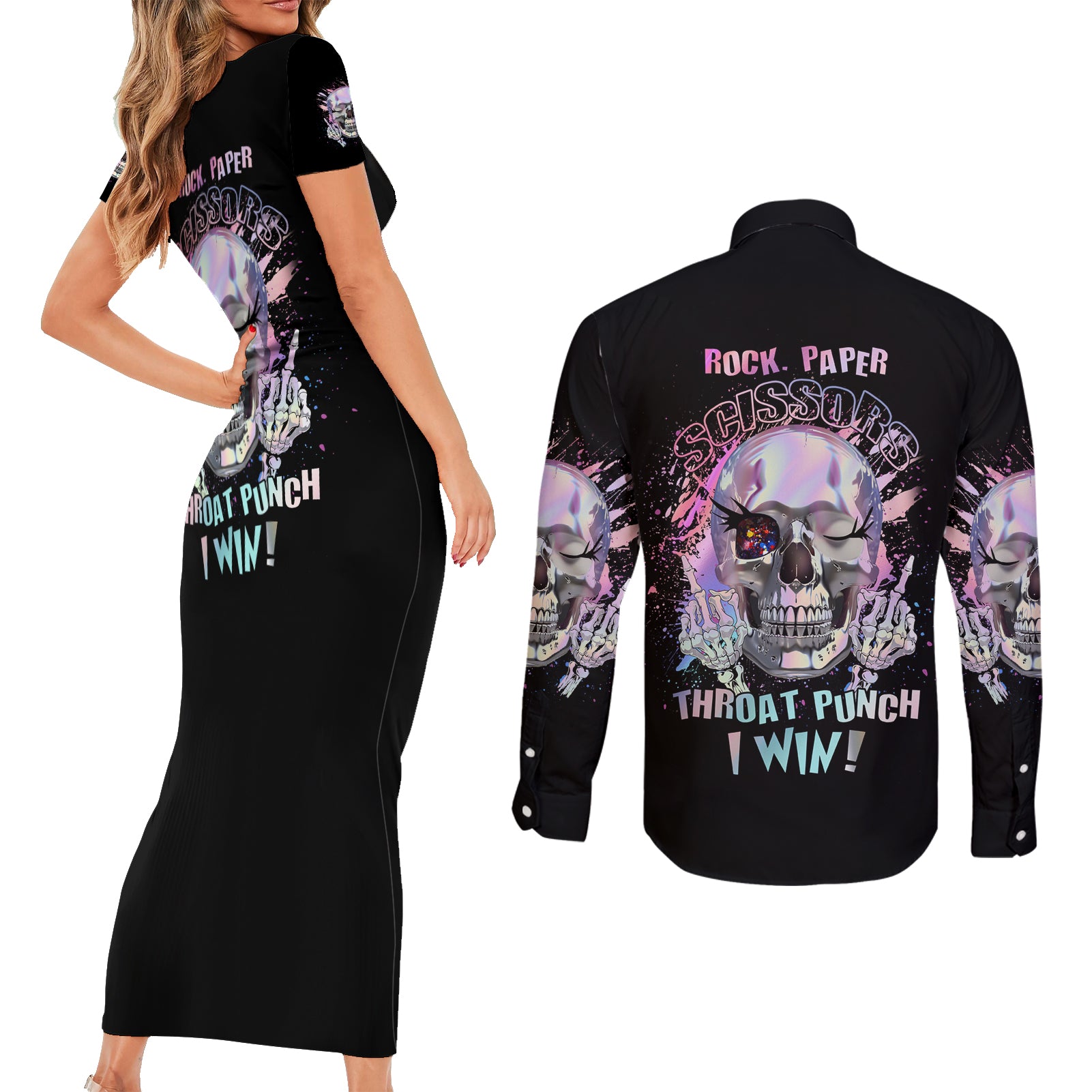 rock-paper-throat-punch-i-win-couples-matching-short-sleeve-bodycon-dress-and-long-sleeve-button-shirt