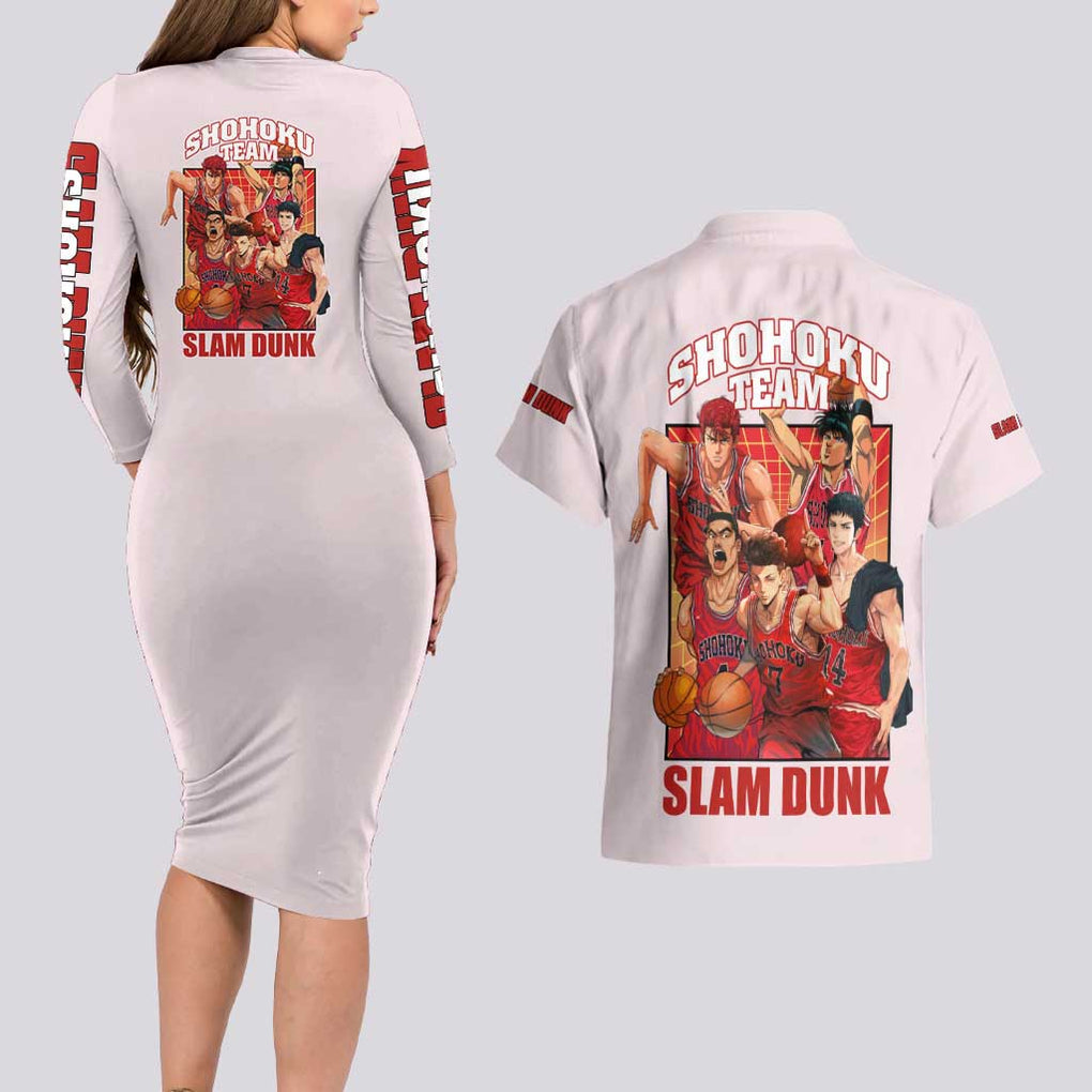 Shohoku Team Slam Dunk Couples Matching Long Sleeve Bodycon Dress and Hawaiian Shirt Anime Style