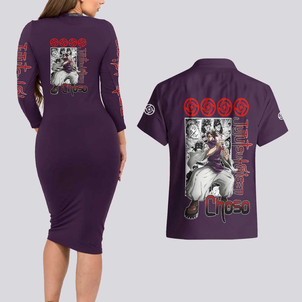 Choso - Jujutsu Kaisen Couples Matching Long Sleeve Bodycon Dress and Hawaiian Shirt Anime Mid Manga Style