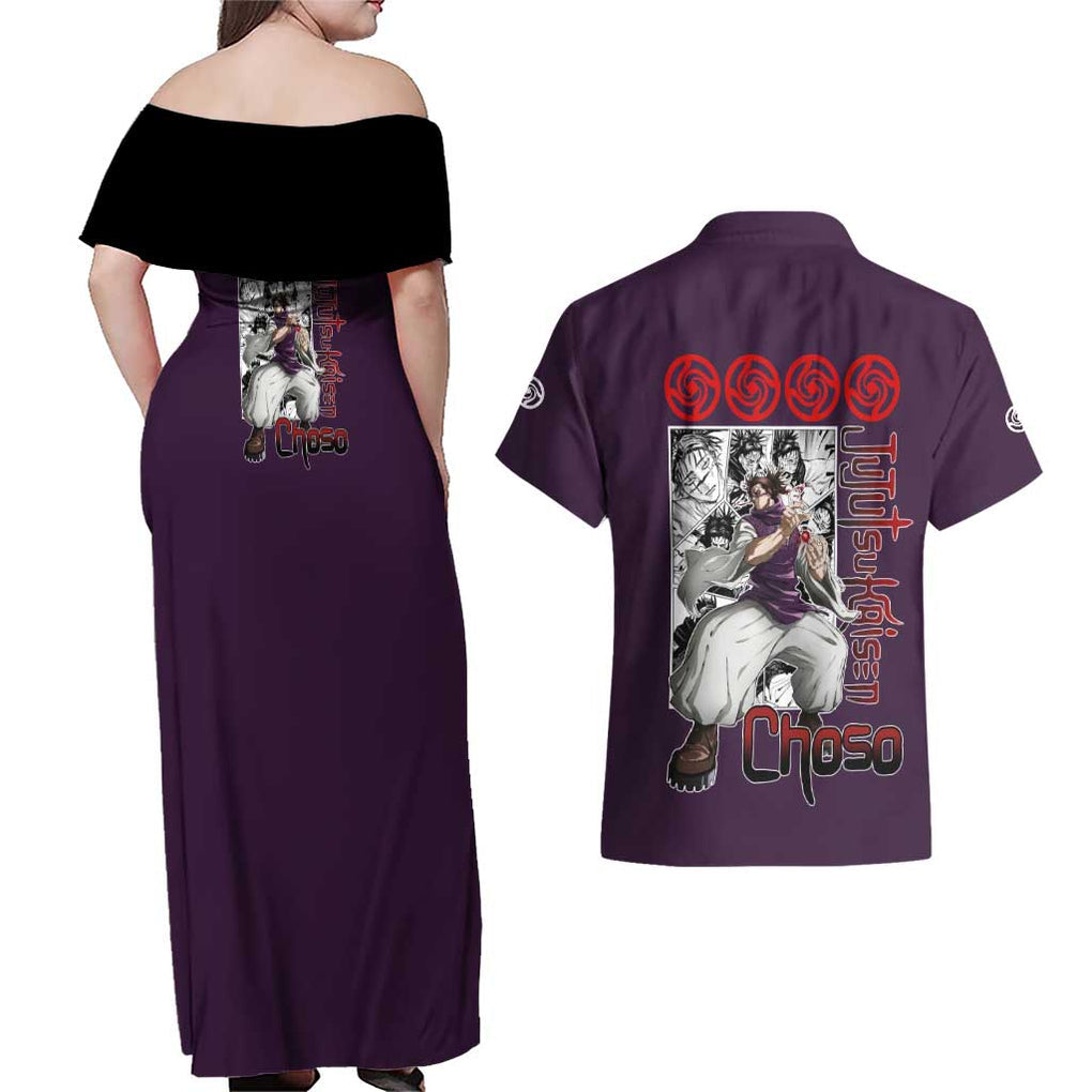 Choso - Jujutsu Kaisen Couples Matching Off Shoulder Maxi Dress and Hawaiian Shirt Anime Mid Manga Style