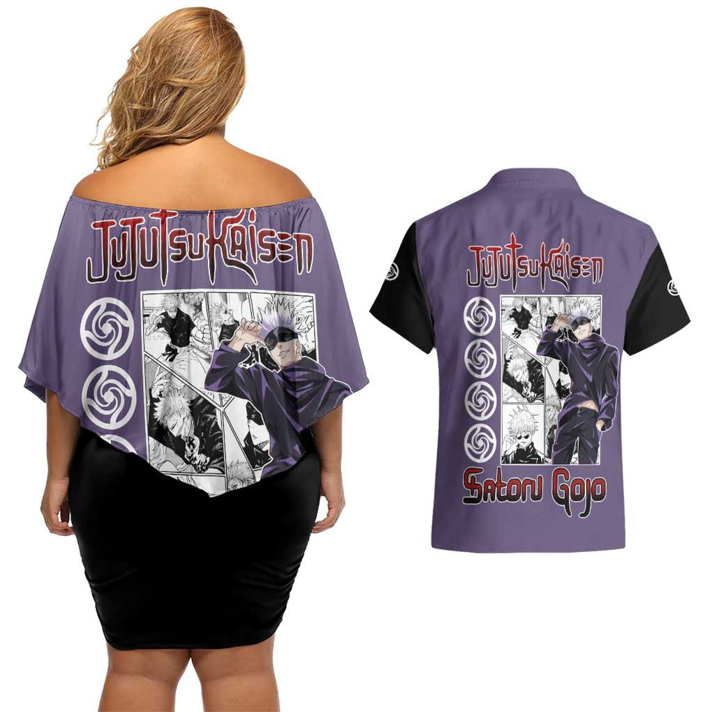 Sensei Gojo Satoru - Jujutsu Kaisen Couples Matching Off Shoulder Short Dress and Hawaiian Shirt Japan Anime Style