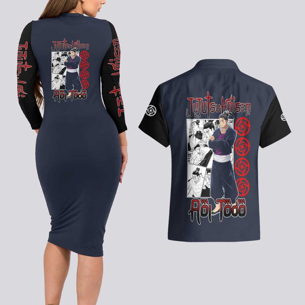 Aoi Todo - Jujutsu Kaisen Couples Matching Long Sleeve Bodycon Dress and Hawaiian Shirt Anime Style