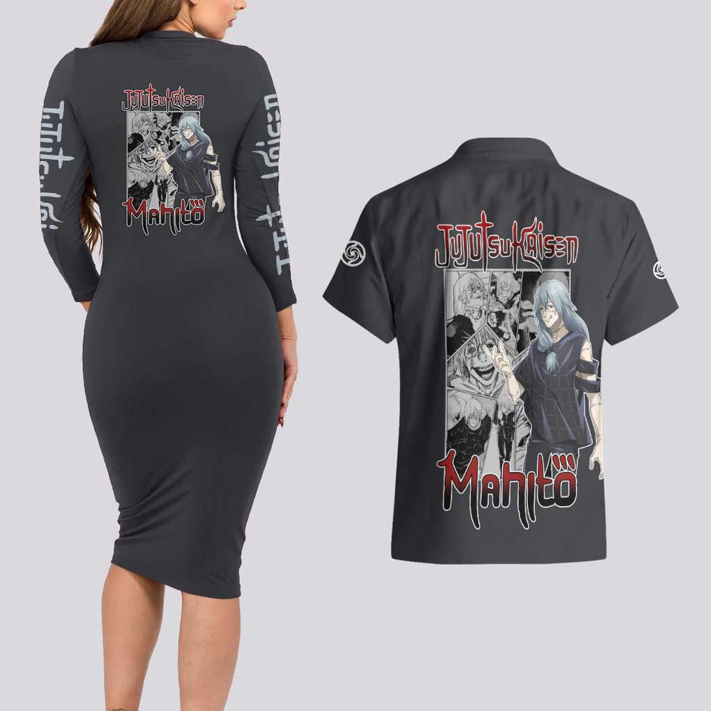 Mahito - Jujutsu Kaisen Couples Matching Long Sleeve Bodycon Dress and Hawaiian Shirt Anime Style