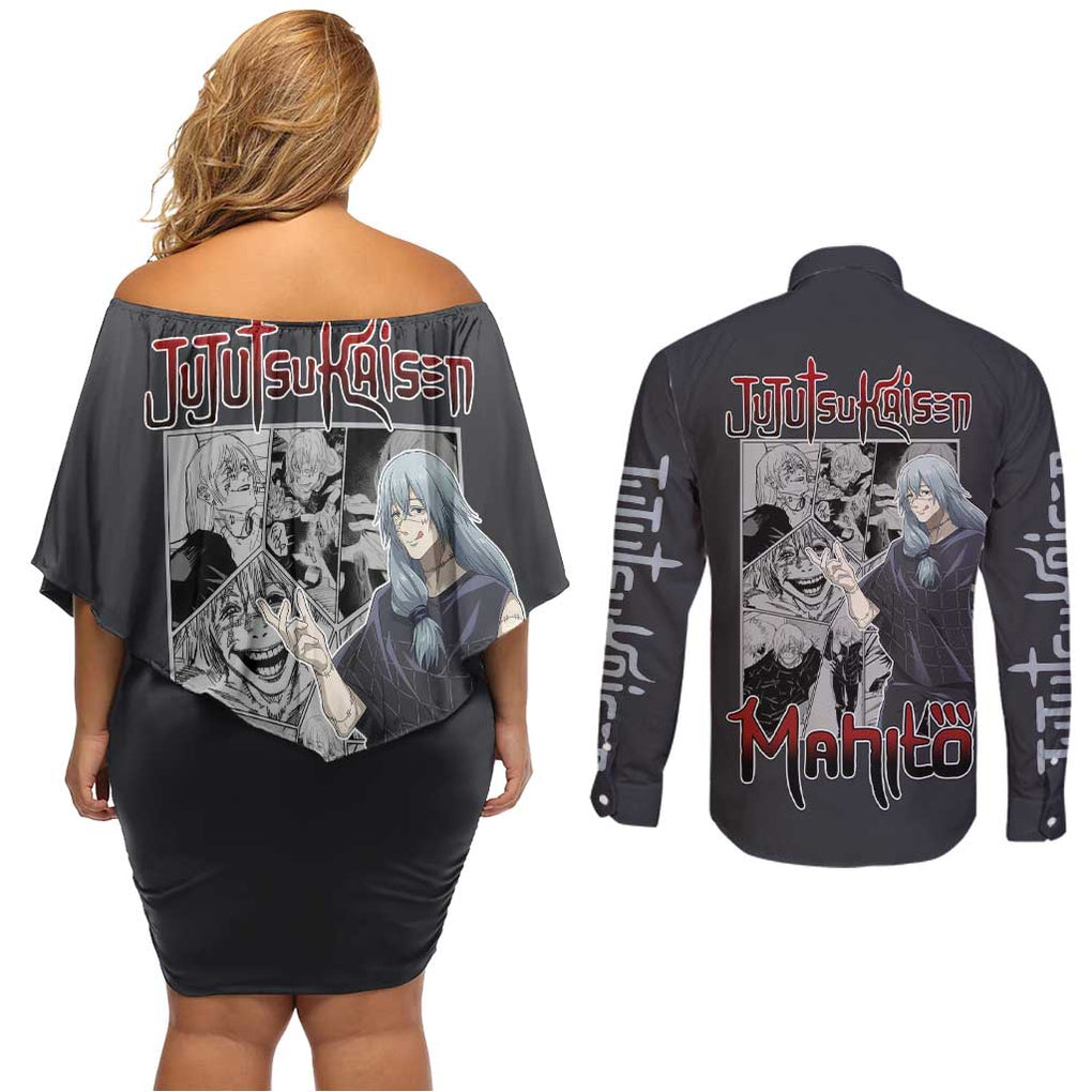 Mahito - Jujutsu Kaisen Couples Matching Off Shoulder Short Dress and Long Sleeve Button Shirt Anime Style
