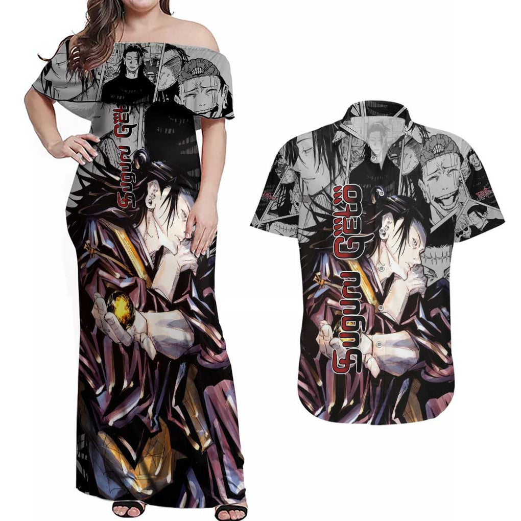 Suguru Geto - Jujutsu Kaisen Couples Matching Off Shoulder Maxi Dress and Hawaiian Shirt Anime Style