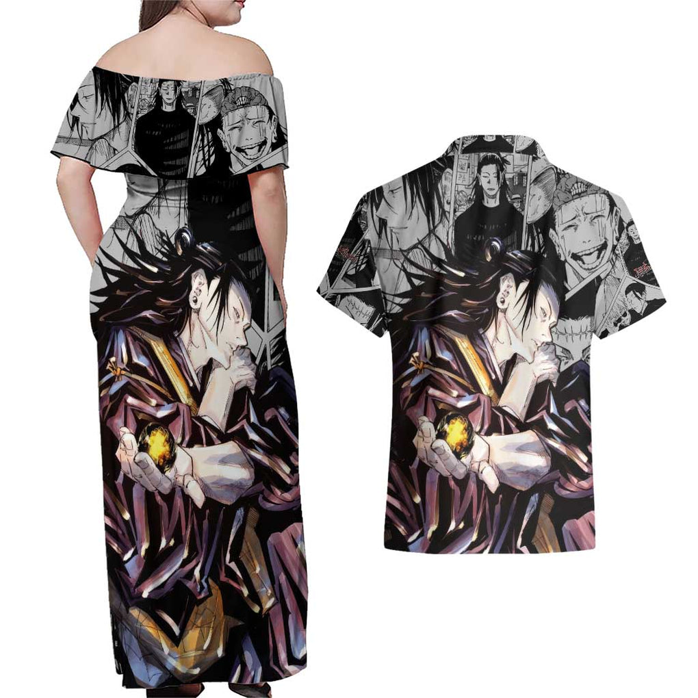 Suguru Geto - Jujutsu Kaisen Couples Matching Off Shoulder Maxi Dress and Hawaiian Shirt Anime Style