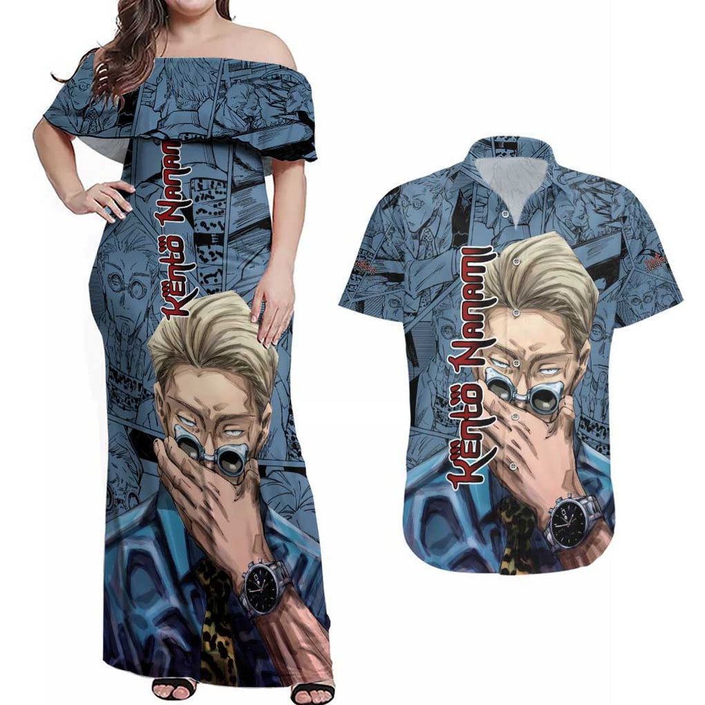 Kento Nanami - Jujutsu Kaisen Couples Matching Off Shoulder Maxi Dress and Hawaiian Shirt Anime Style