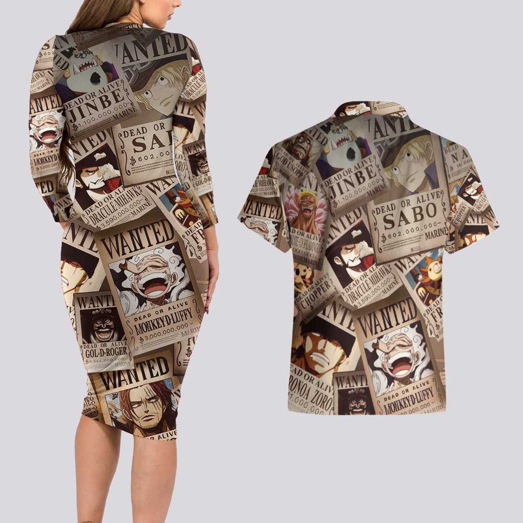 One Piece Wanted - One Piece Couples Matching Long Sleeve Bodycon Dress and Hawaiian Shirt Anime Style