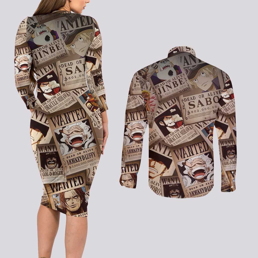 One Piece Wanted - One Piece Couples Matching Long Sleeve Bodycon Dress and Long Sleeve Button Shirt Anime Style