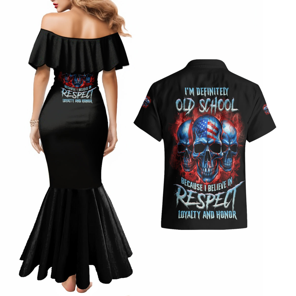 i-believe-in-respect-3-skulls-couples-matching-mermaid-dress-and-hawaiian-shirt