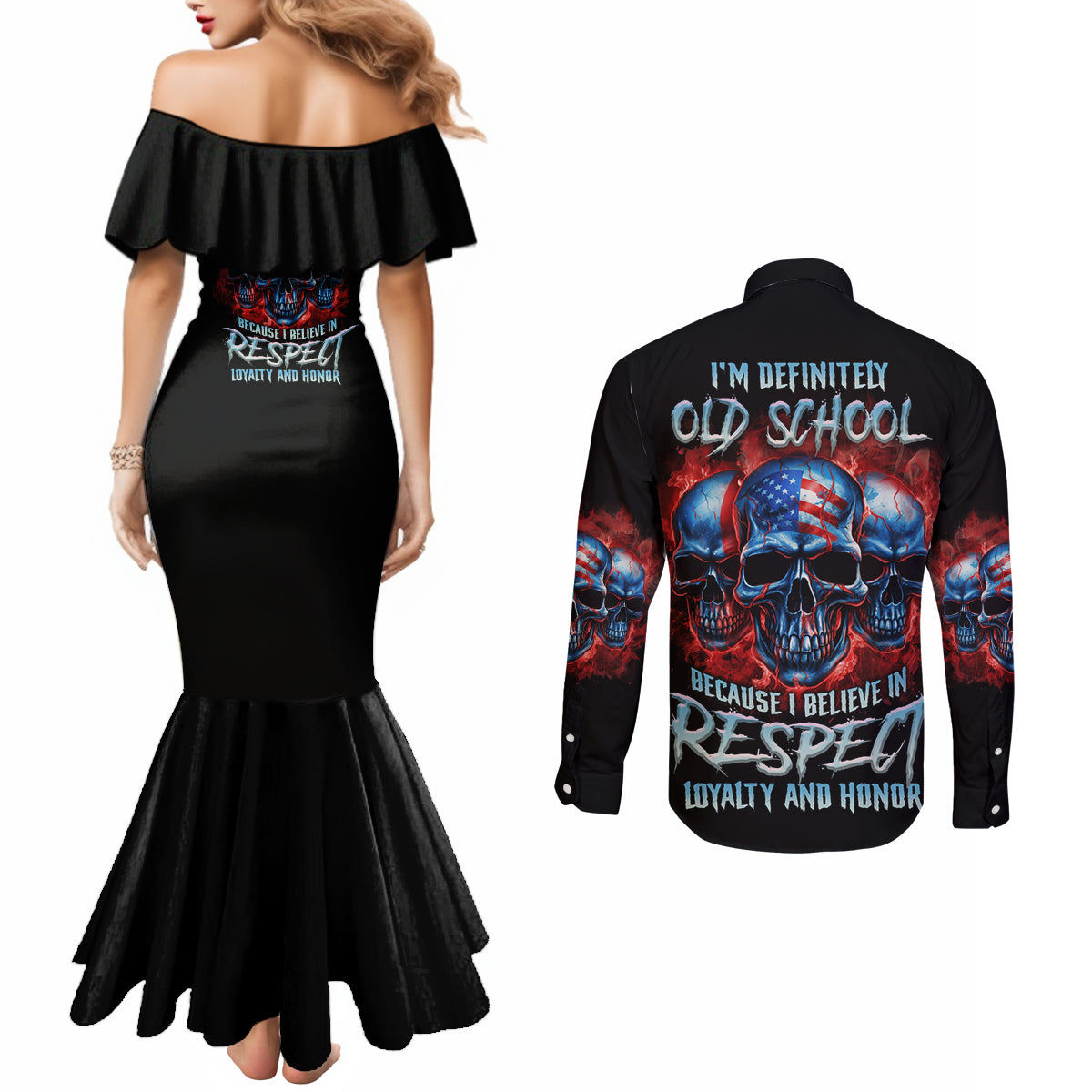 i-believe-in-respect-3-skulls-couples-matching-mermaid-dress-and-long-sleeve-button-shirt