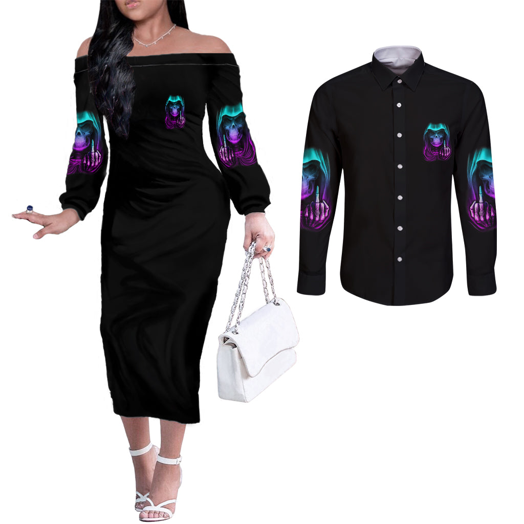 my-give-a-f-reaper-purple-couples-matching-off-the-shoulder-long-sleeve-dress-and-long-sleeve-button-shirt