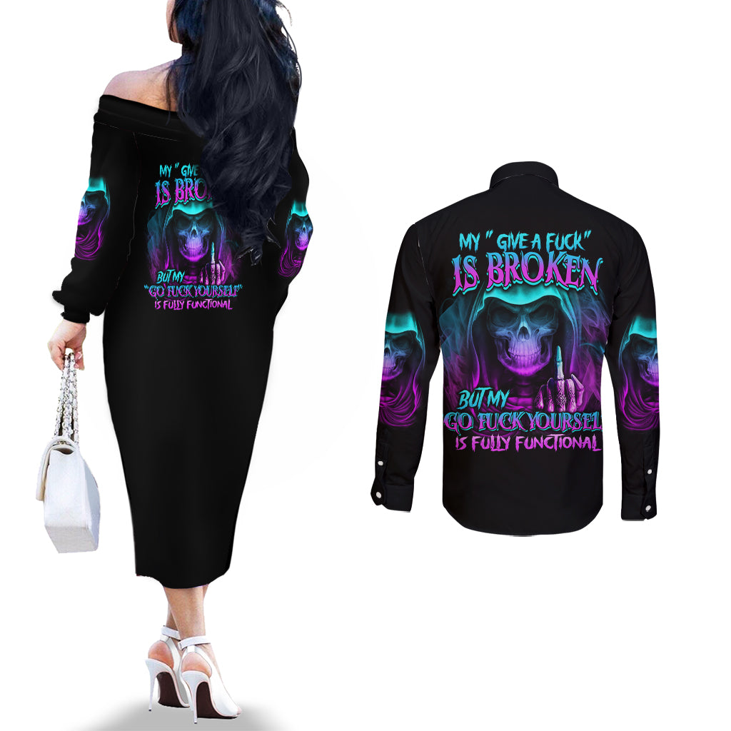 my-give-a-f-reaper-purple-couples-matching-off-the-shoulder-long-sleeve-dress-and-long-sleeve-button-shirt
