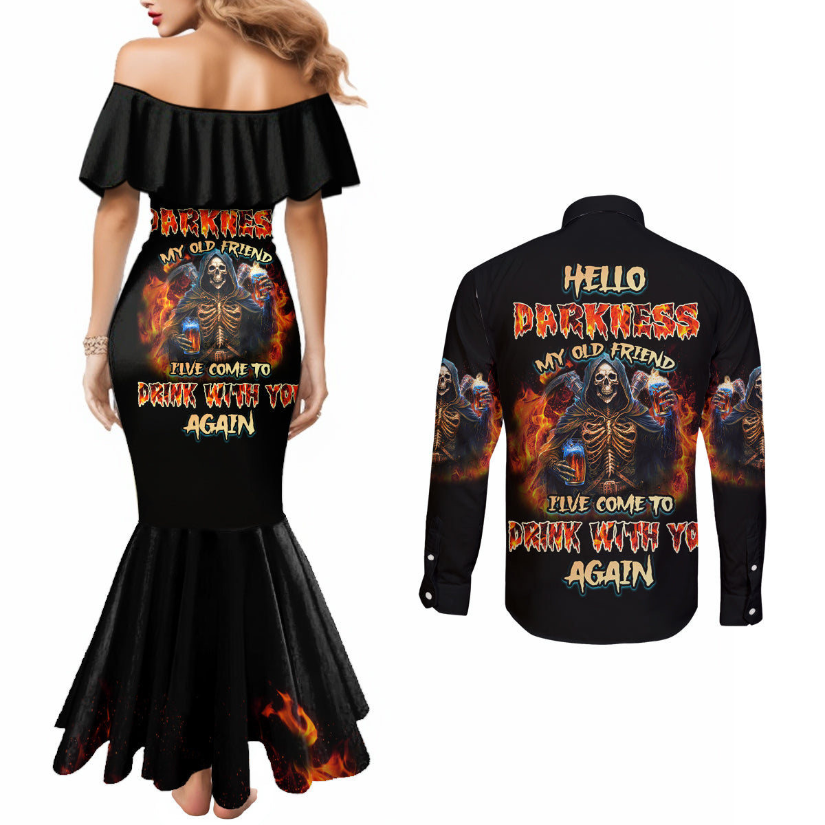 drink-with-you-again-reaper-couples-matching-mermaid-dress-and-long-sleeve-button-shirt