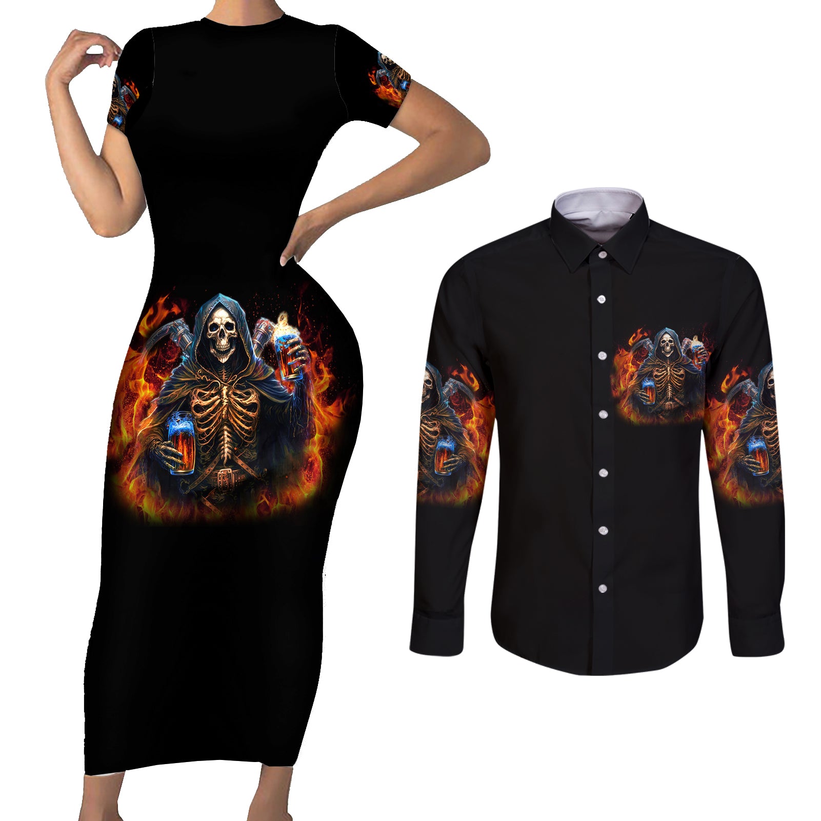 drink-with-you-again-reaper-couples-matching-short-sleeve-bodycon-dress-and-long-sleeve-button-shirt