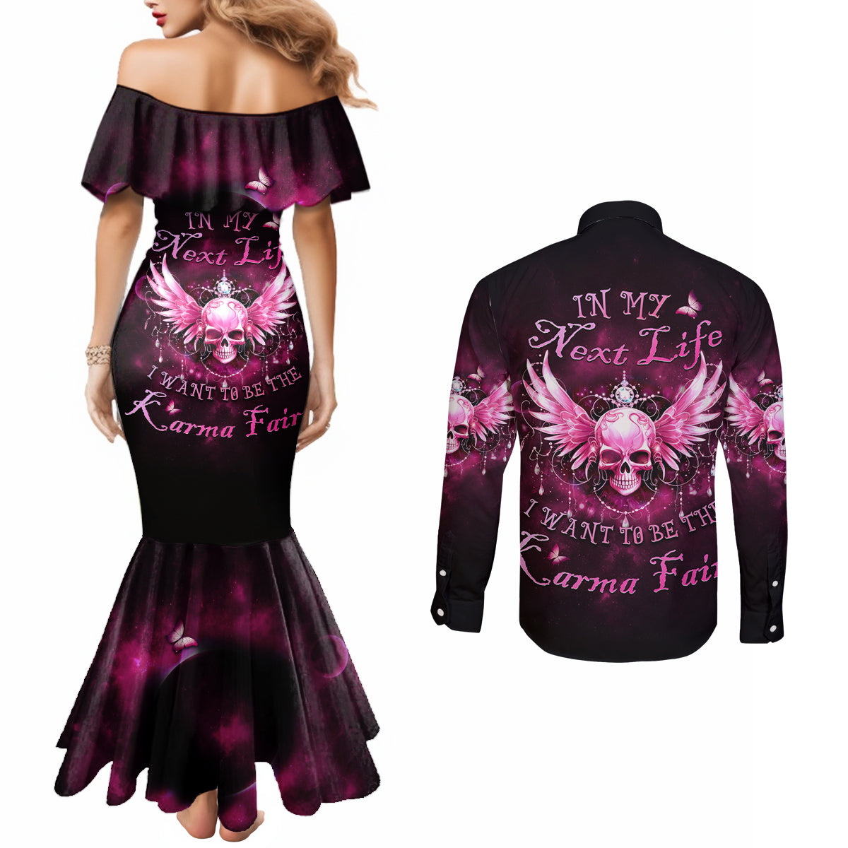 karma-fairy-skull-in-my-next-life-couples-matching-mermaid-dress-and-long-sleeve-button-shirt