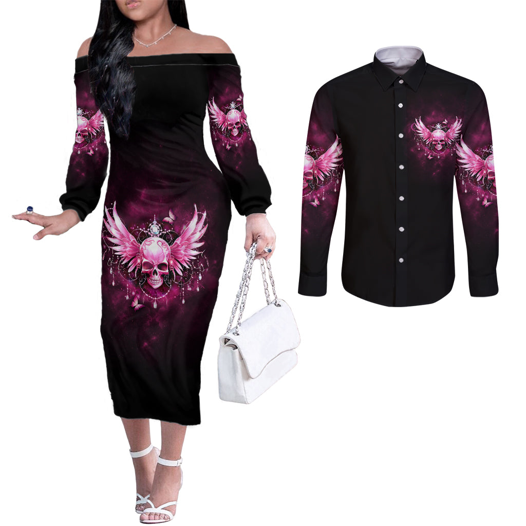 karma-fairy-skull-in-my-next-life-couples-matching-off-the-shoulder-long-sleeve-dress-and-long-sleeve-button-shirt