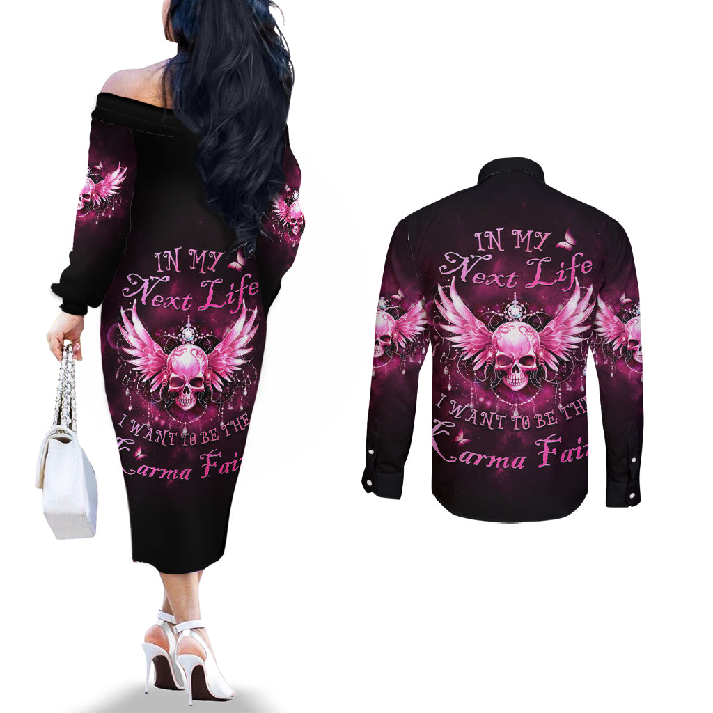 karma-fairy-skull-in-my-next-life-couples-matching-off-the-shoulder-long-sleeve-dress-and-long-sleeve-button-shirt