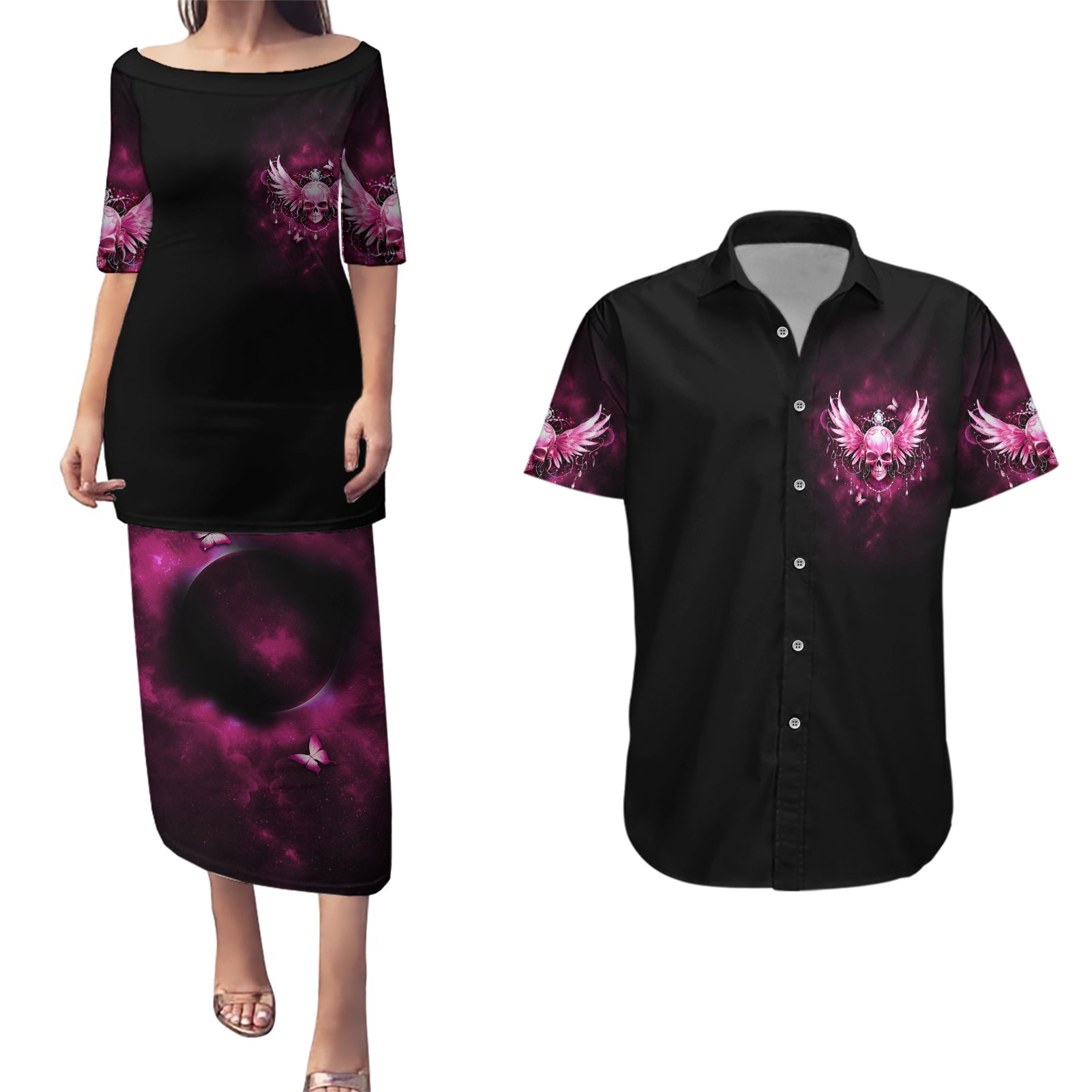 karma-fairy-skull-in-my-next-life-couples-matching-puletasi-dress-and-hawaiian-shirt