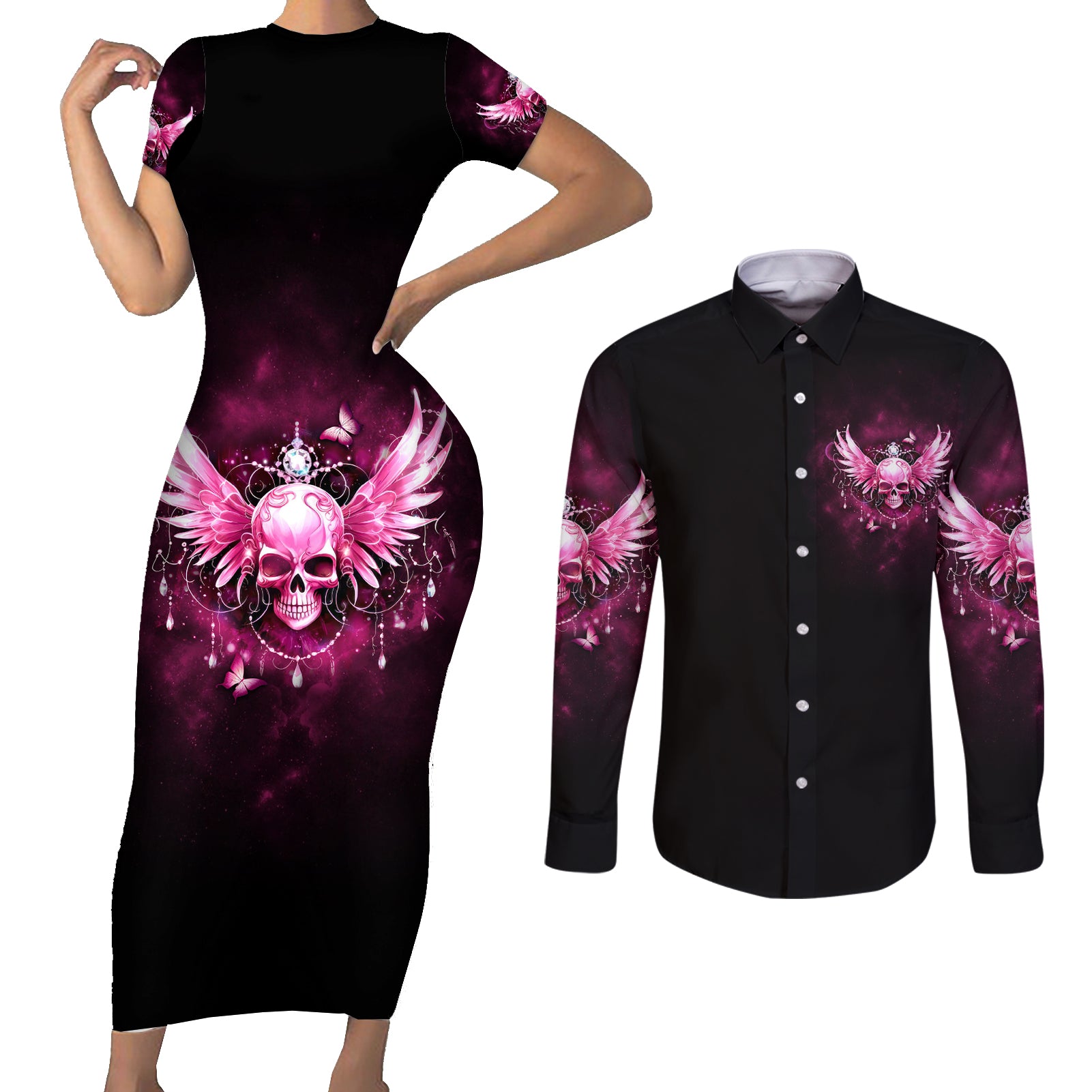 karma-fairy-skull-in-my-next-life-couples-matching-short-sleeve-bodycon-dress-and-long-sleeve-button-shirt
