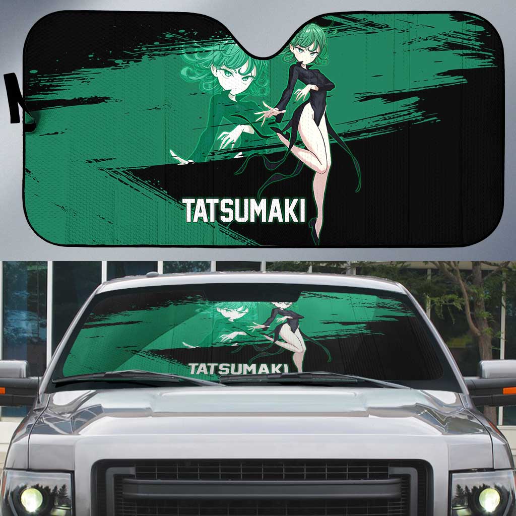 Tatsumaki One Punch Man Anime Green and Black Theme Auto Sun Shade with Psychic Power Effects and Bold - The Mazicc