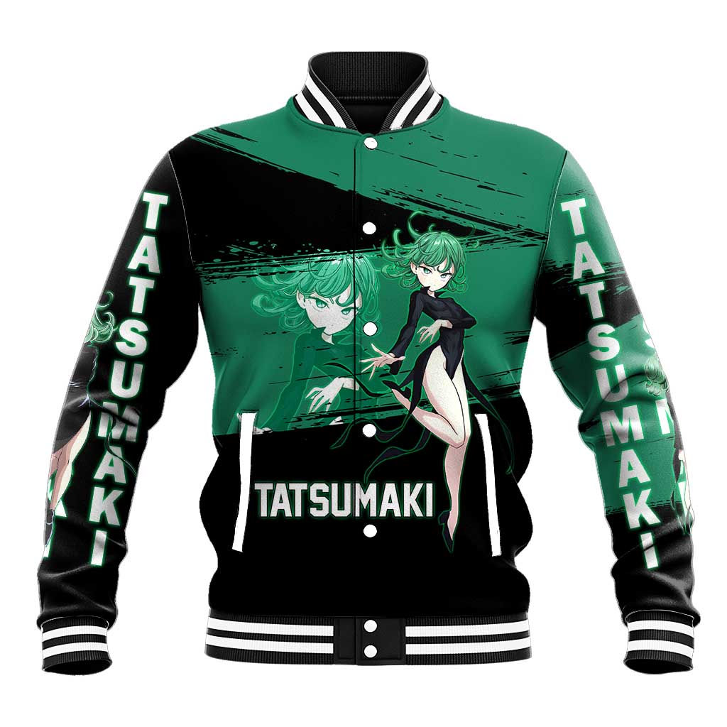 Tatsumaki One Punch Man Anime Green and Black Theme Baseball Jacket with Psychic Power Effects and Bold - The Mazicc