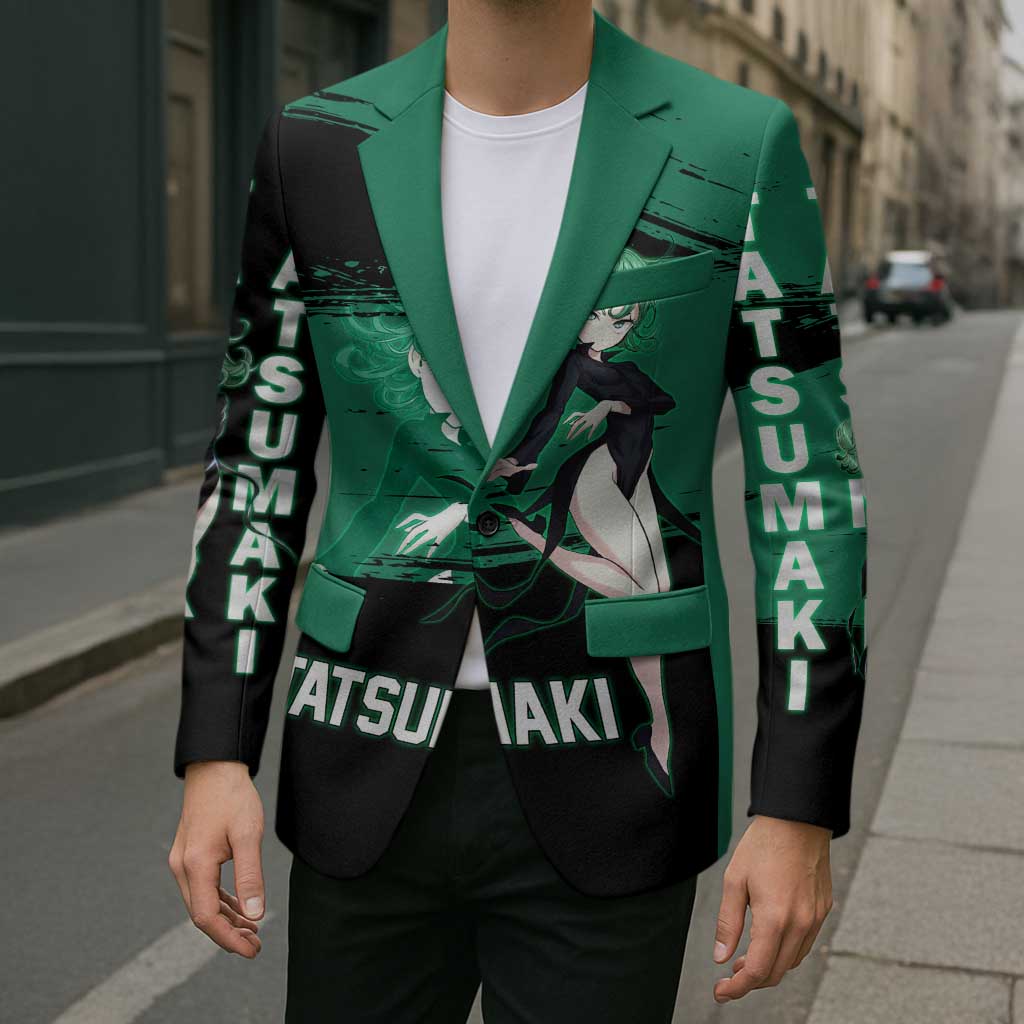 Tatsumaki One Punch Man Anime Green and Black Theme Blazer with Psychic Power Effects and Bold - The Mazicc
