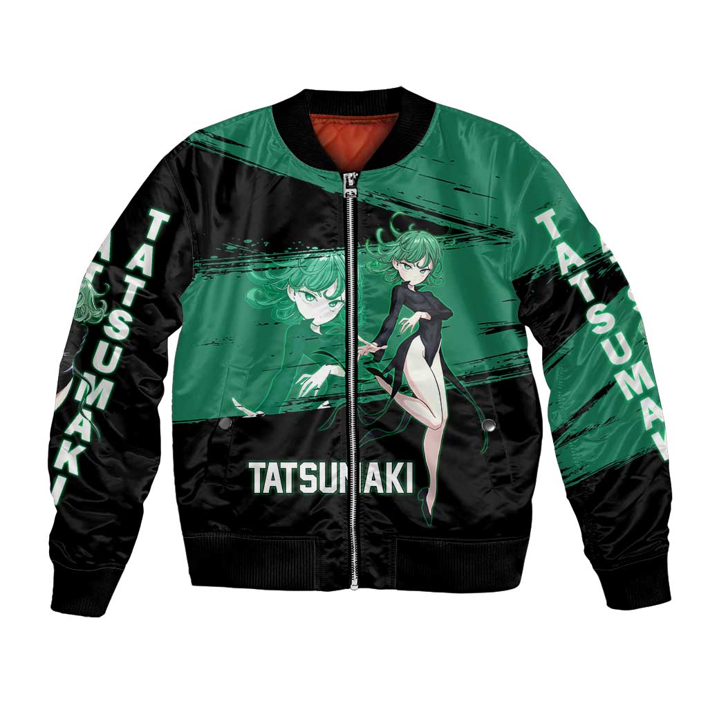 Tatsumaki One Punch Man Anime Green and Black Theme Bomber Jacket with Psychic Power Effects and Bold - The Mazicc
