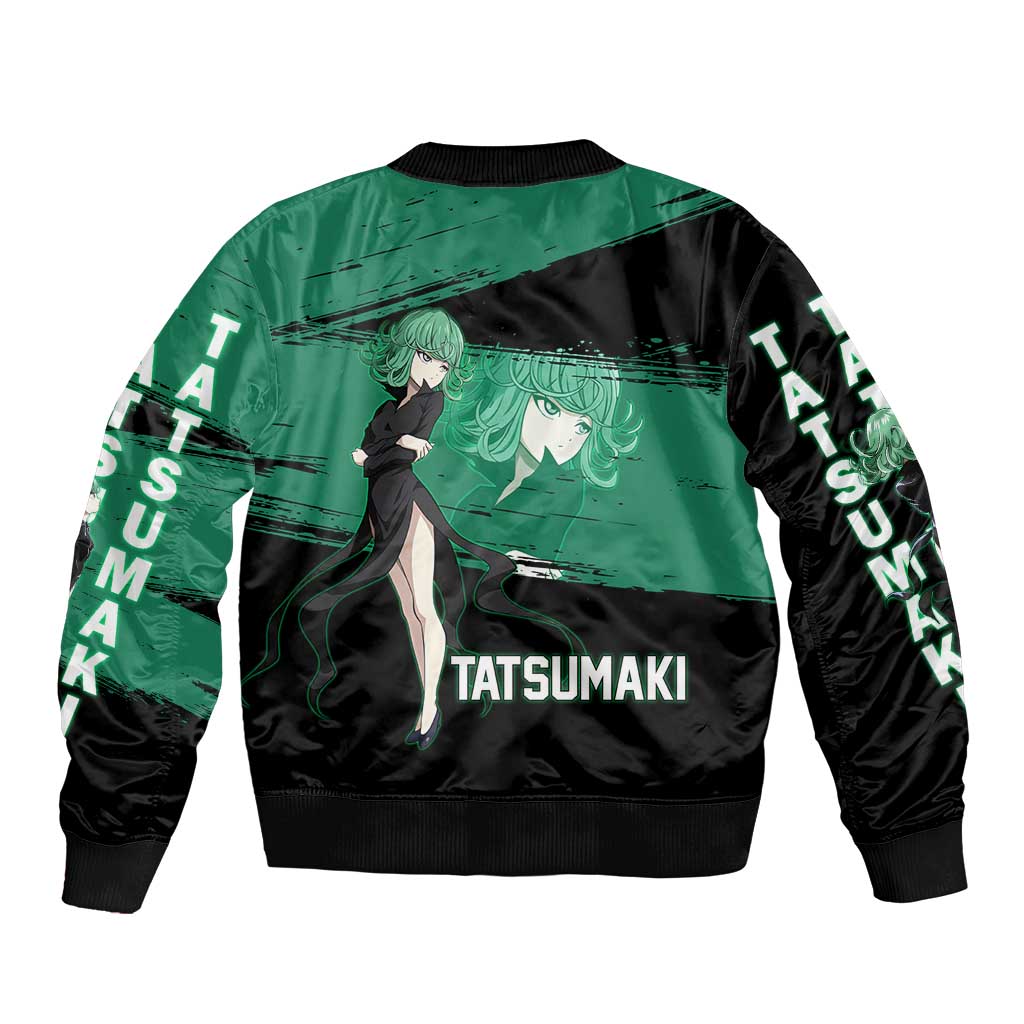 Tatsumaki One Punch Man Anime Green and Black Theme Bomber Jacket with Psychic Power Effects and Bold - The Mazicc
