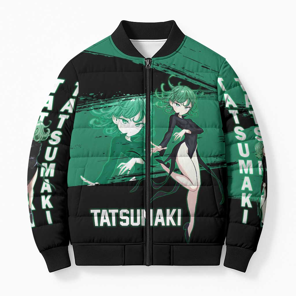Tatsumaki One Punch Man Anime Green and Black Theme Bomber Puffer Jacket with Psychic Power Effects and Bold - The Mazicc