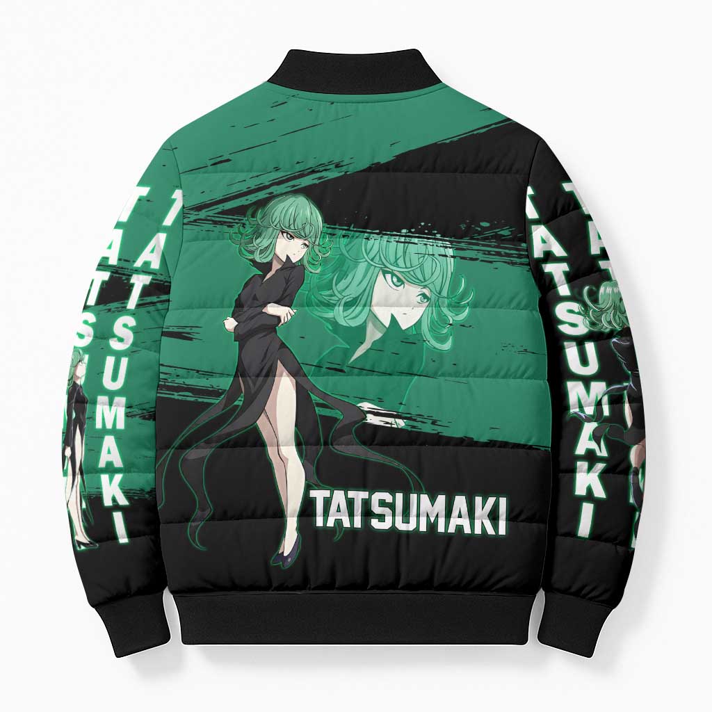 Tatsumaki One Punch Man Anime Green and Black Theme Bomber Puffer Jacket with Psychic Power Effects and Bold - The Mazicc
